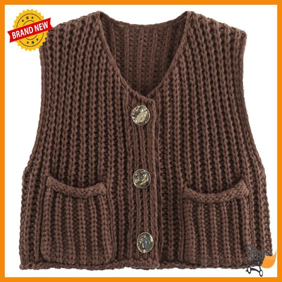Sweaters - Sleeveless Sweater Vest Cropped Cable Knit Button Front Loose Fit
